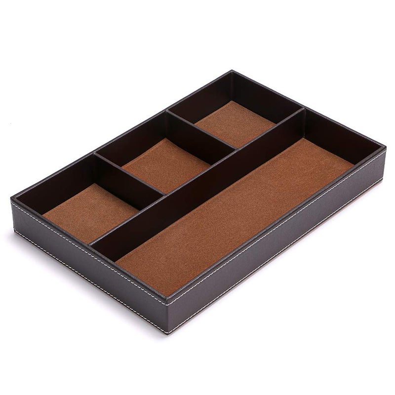 BTSKY 4 slots Desk Drawer Organizer, PU Leather Drawer Storage Organizer Divider for Office Desk Supplies Value Collection and Accessories Multi-Purpose Storage Desktop Organizer Tray(Brown) - Image 1